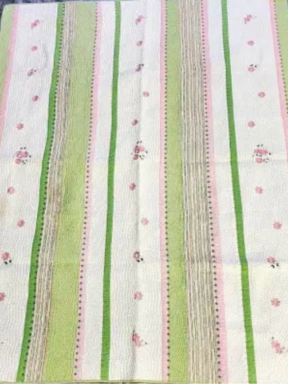EUC Pottery Barn Pink Green White Striped Floral Quilt - Twin size